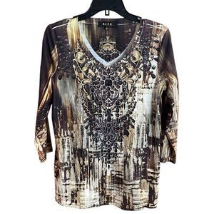 B.L.E.U. Ladies Floral Embellished Vneck 3/4 Sleeve Dressy Blouse Size Small Bro